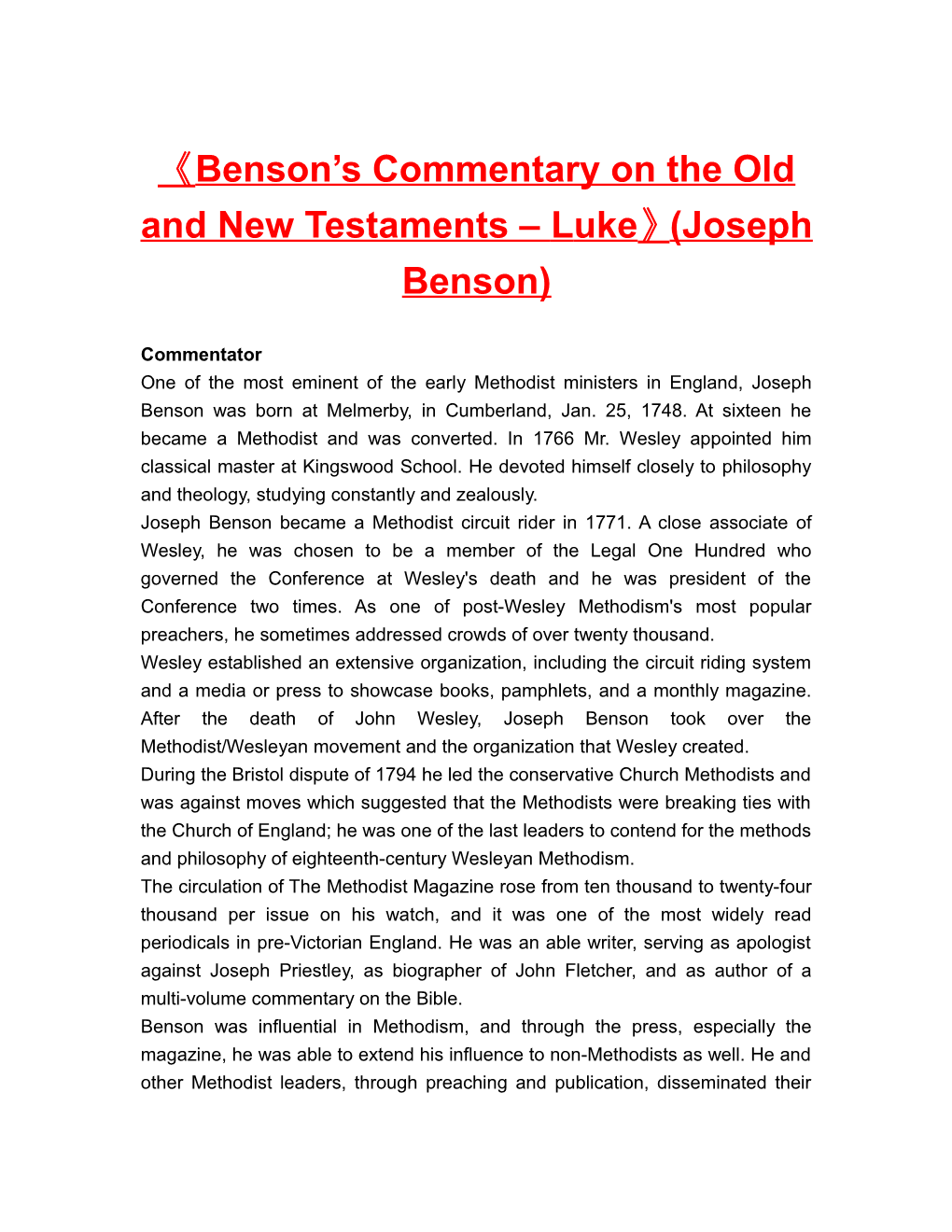 Benson S Commentary on the Old and New Testaments Luke (Joseph Benson)