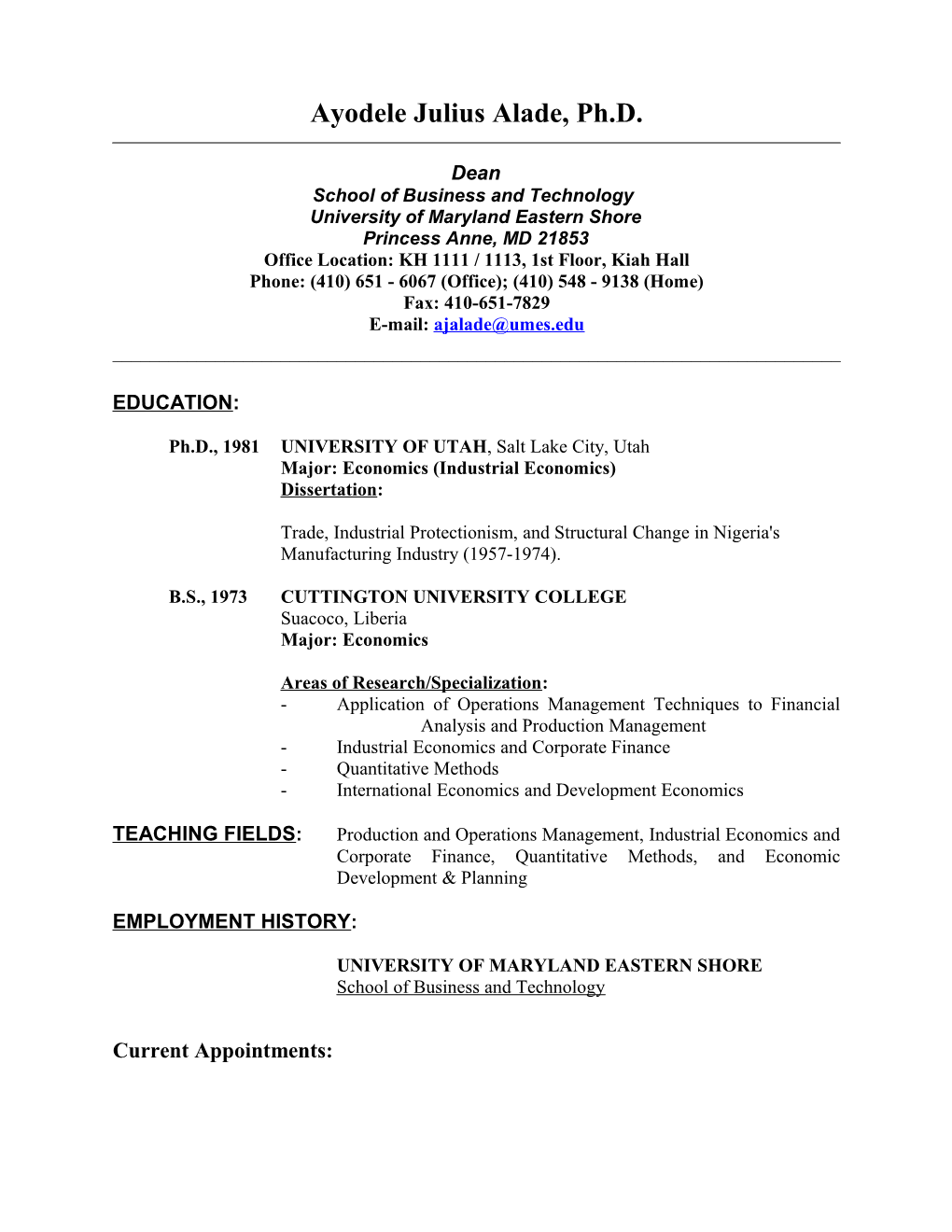 RESUME -Alade - Updated 9-6-07 Rev