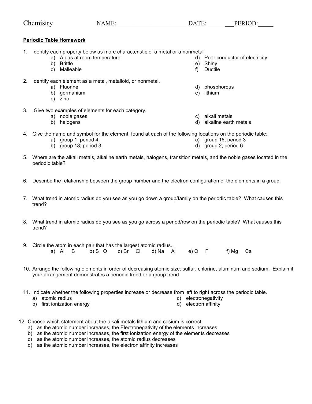 Periodic Trends Worksheet