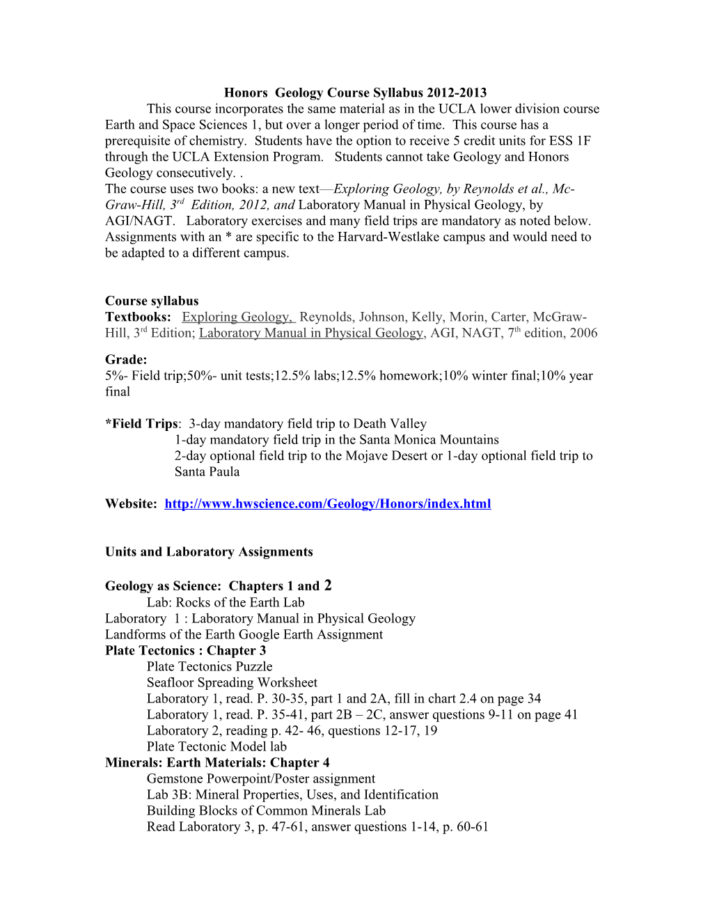 Honors Geology Course Syllabus 2008-2009