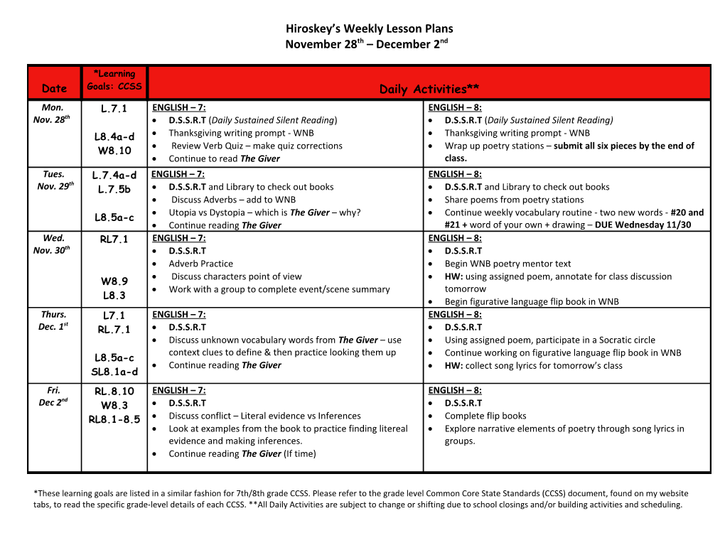 Hiroskey S Weekly Lesson Plans