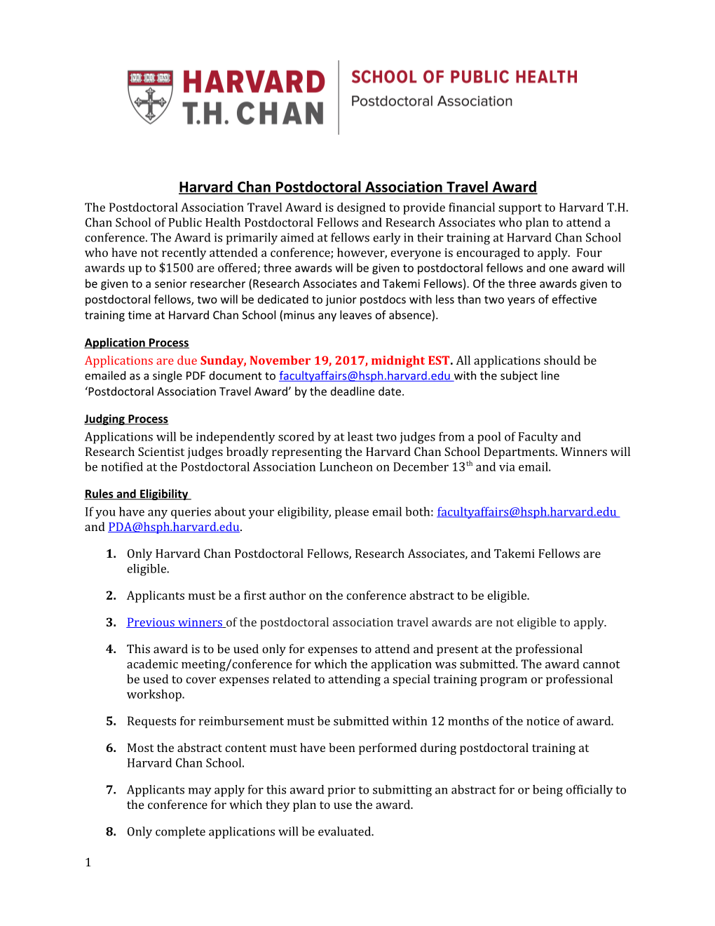 Harvard Chan Postdoctoral Association Travel Award