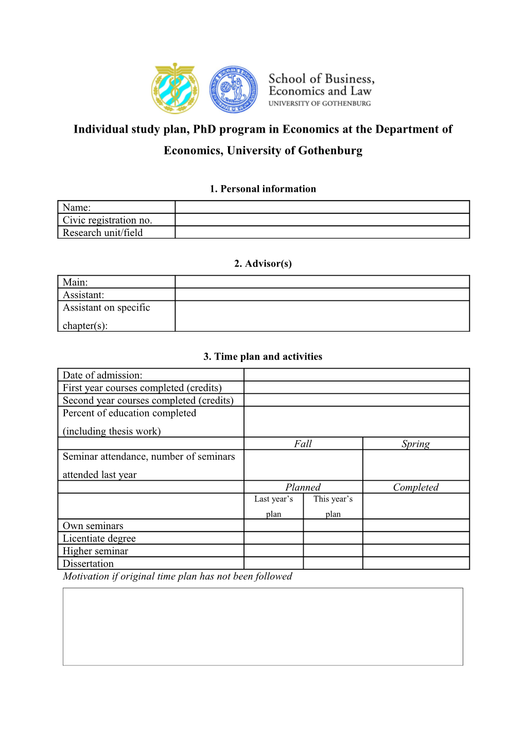 Individual Study Plan, Phd Program in Economics at the Department of Economics, University