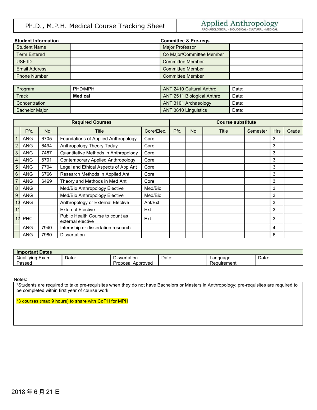 Archaeology Program Graduate Student Tracking Sheet