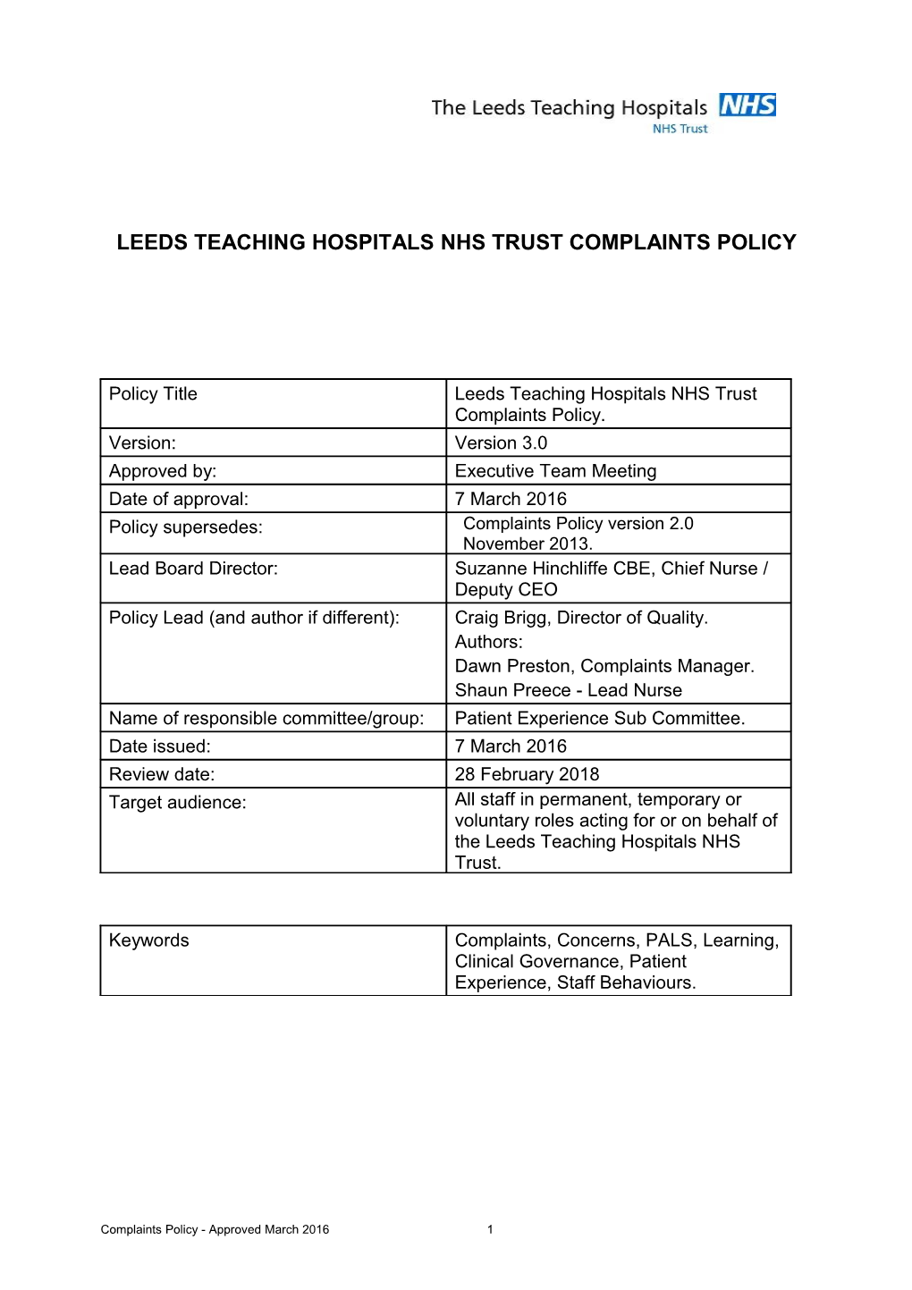 Leeds Teaching Hospitals Nhs Trust Complaints Policy