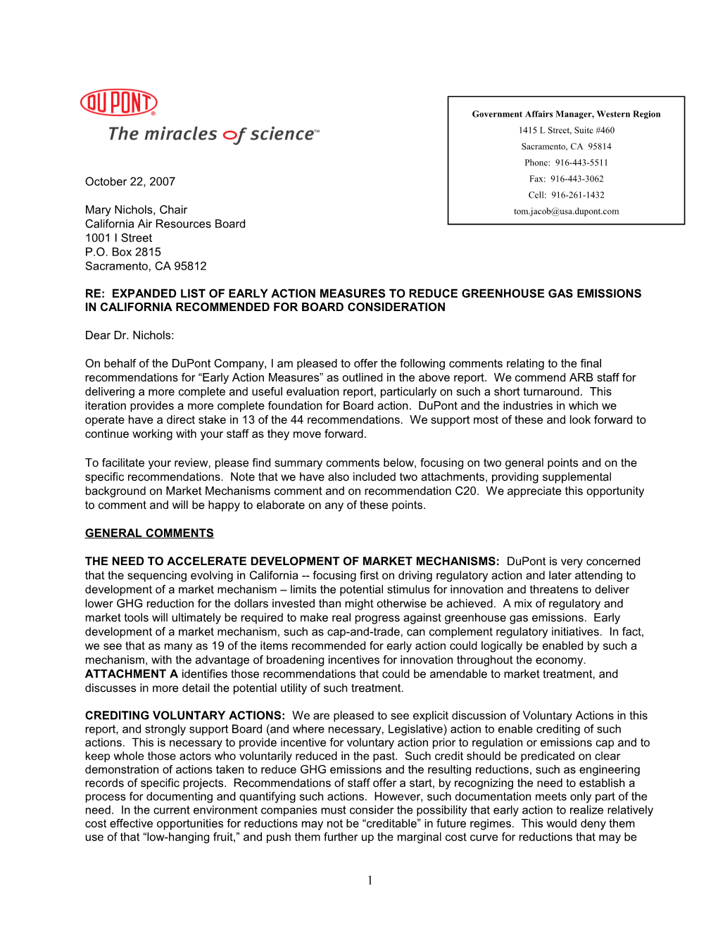 Re: Expanded List of Early Action Measures to Reduce Greenhouse Gas Emissions in California