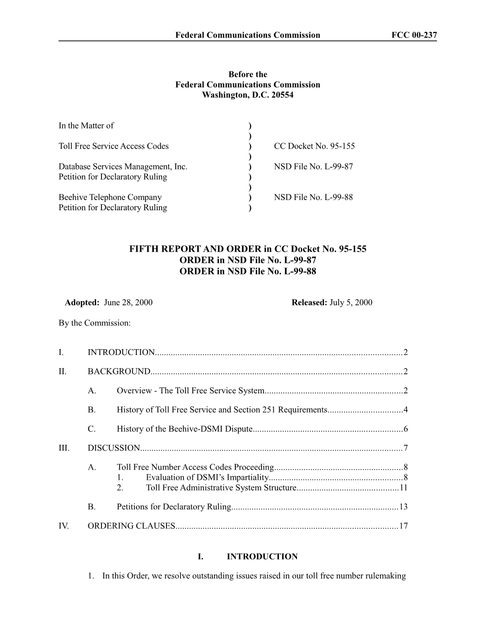 Federal Communications Commission FCC 00-237