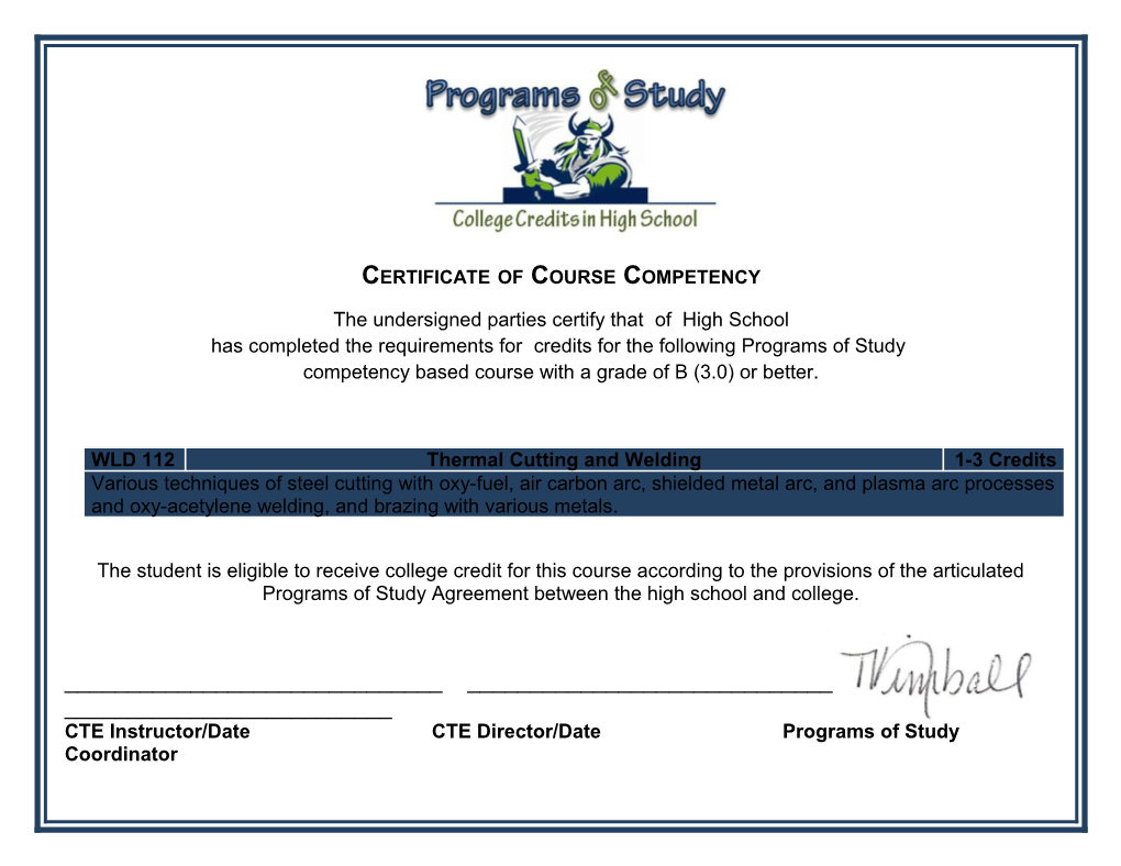 Certificate of Course Competency