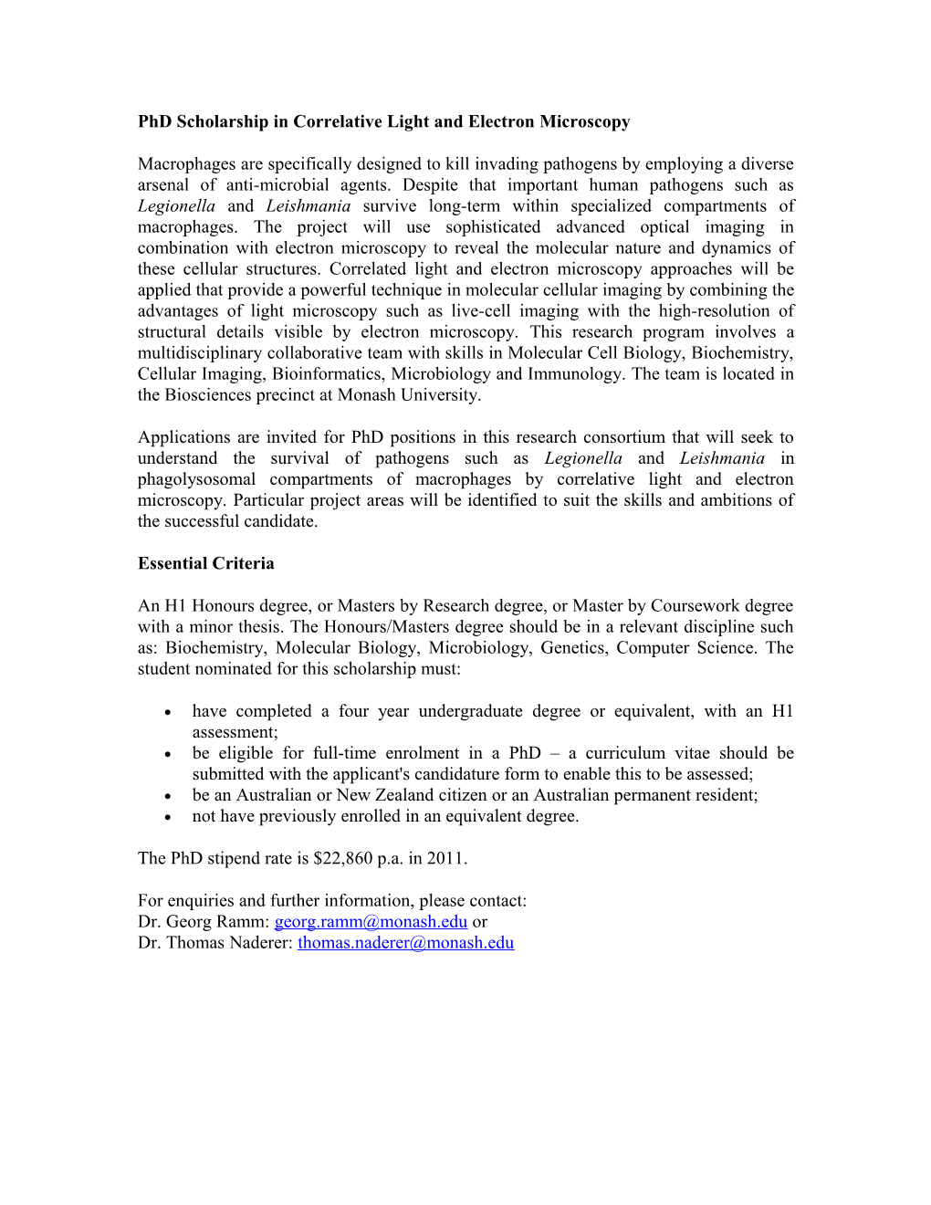 Phd Scholarship in Correlative Light and Electron Microscopy