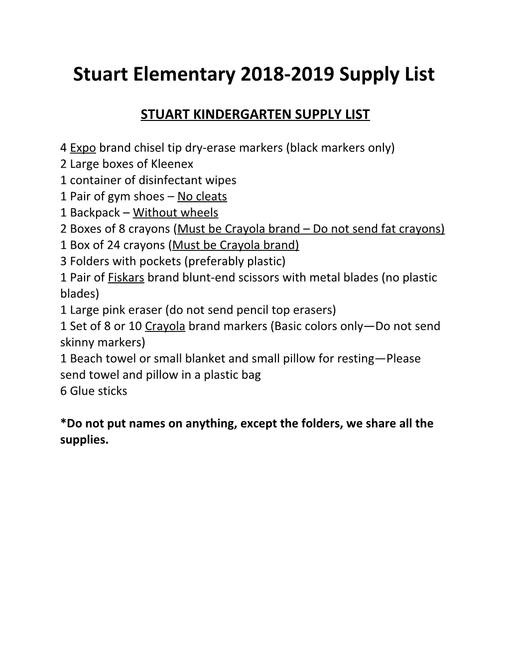 Stuart Elementary 2018-2019 Supply List