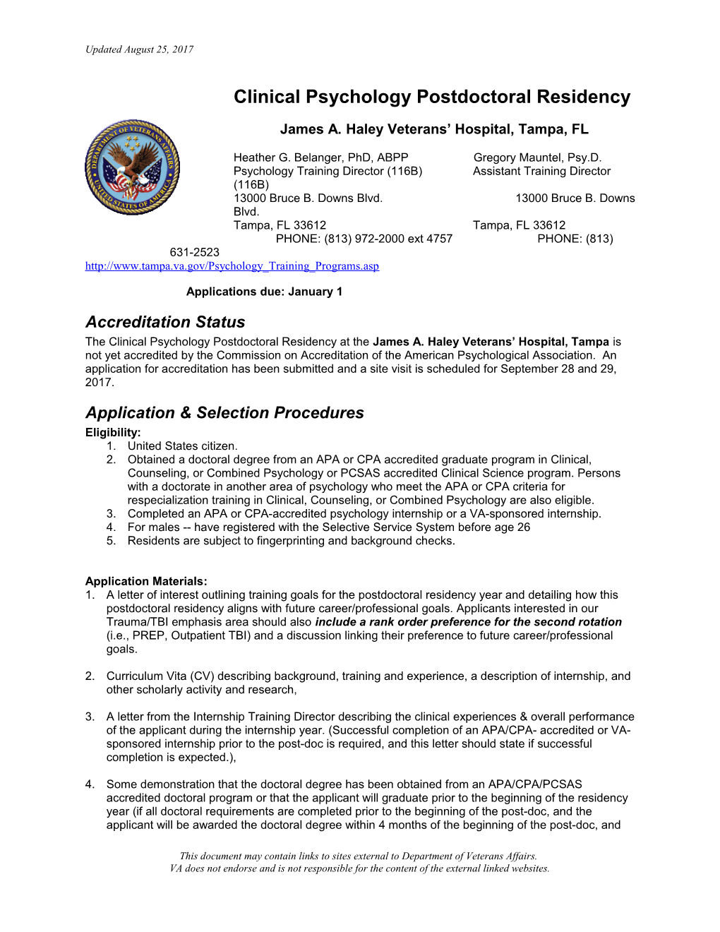 James A. Haley Veterans Hospital, Tampa Psychology Fellowship - VA - U.S. Department Of