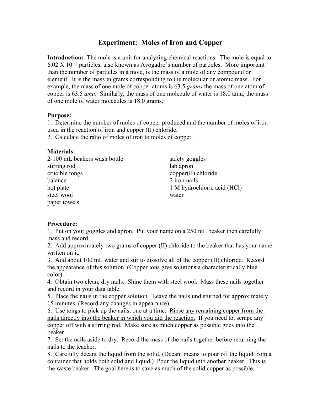 Experiment: Moles of Iron and Copper