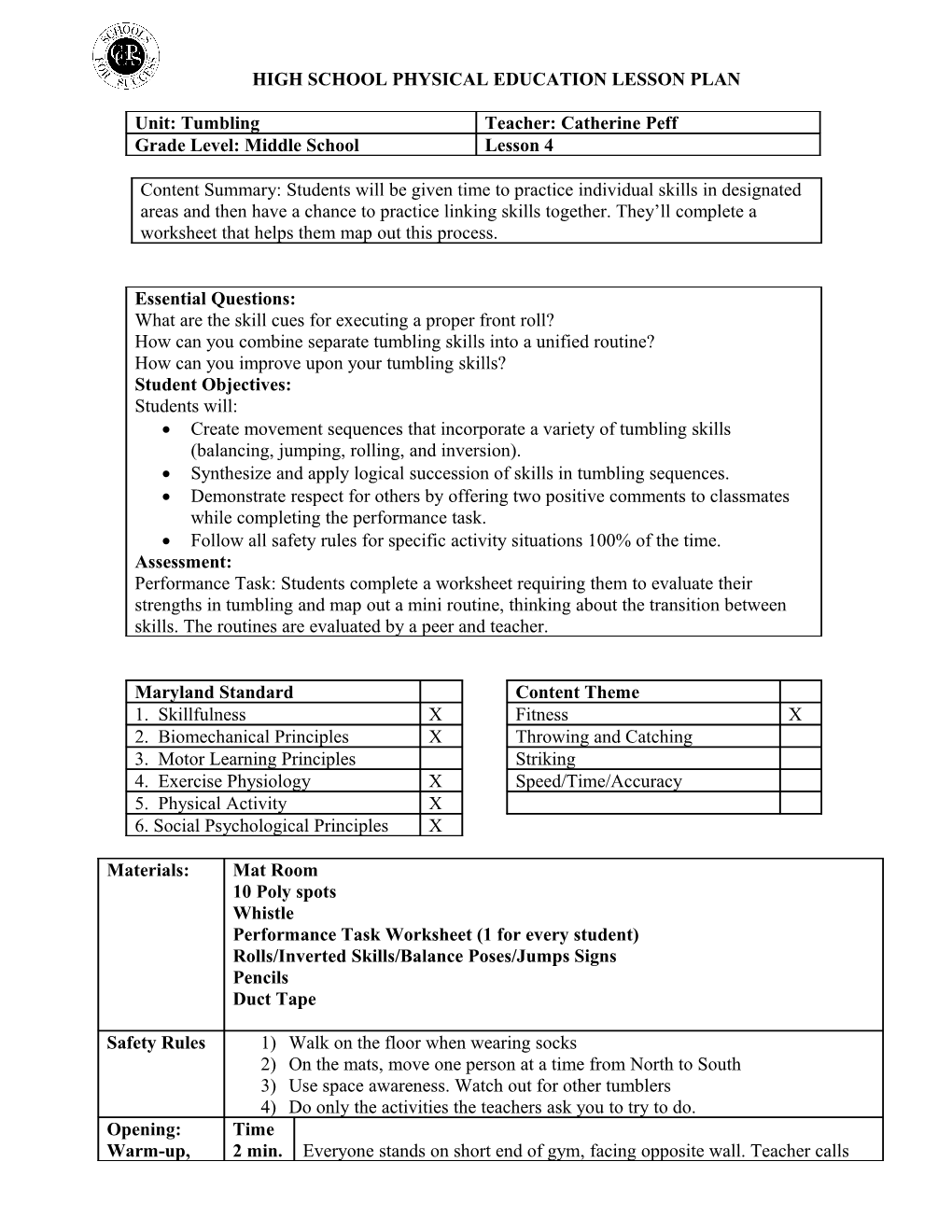 Elementary Physical Education Lesson Plan