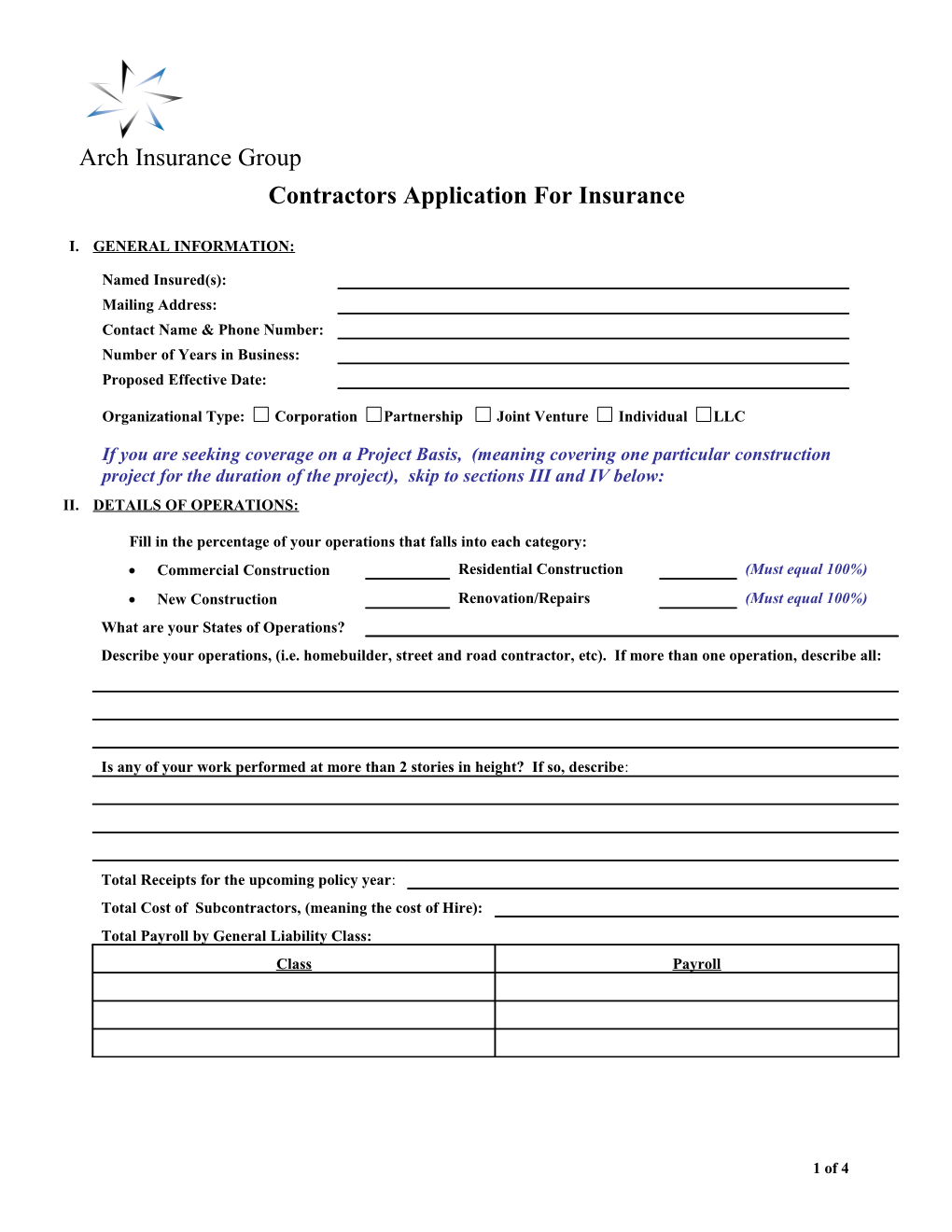 Contractors Application for Insurance