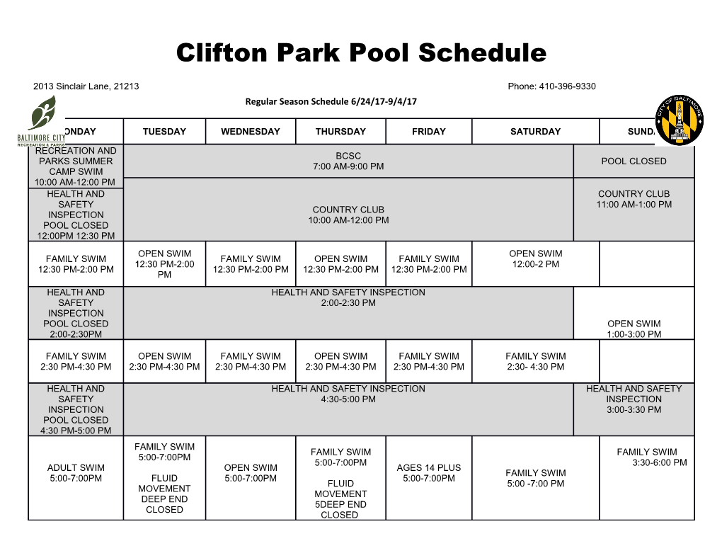 Clifton Park Pool Schedule