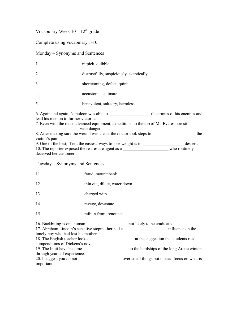 Vocabulary Week 10 12Th Grade