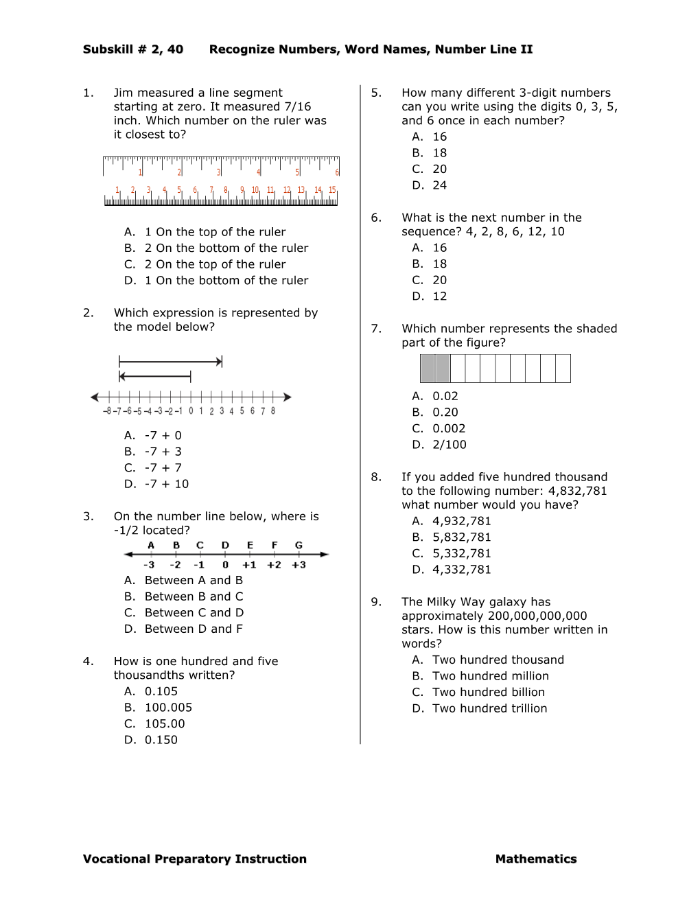 Subskill # 2, 40 Recognize Numbers, Word Names, Number Line II