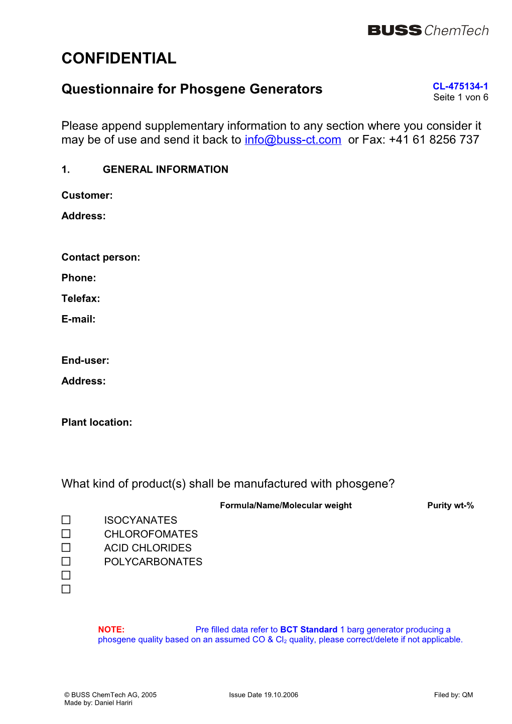 Questionaire for Phosgene Generators