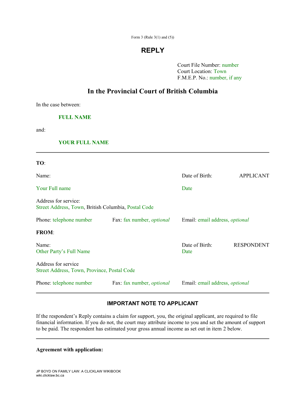 Provincial Court (Family) Rules, Form 1 FP 43