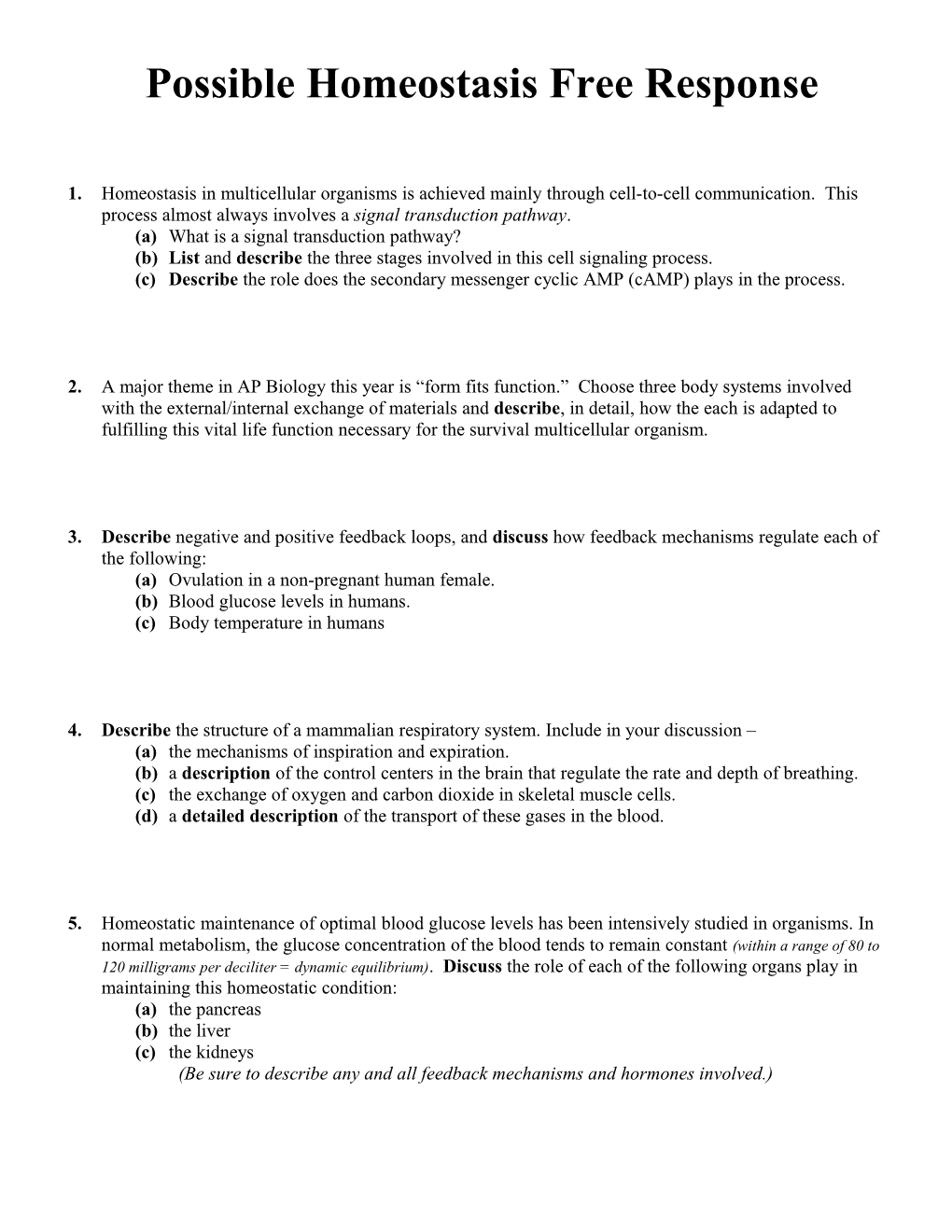 Human Physiology Free Response