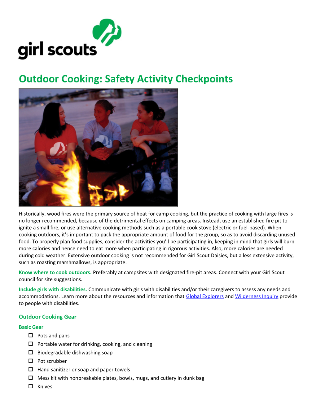 Outdoor Cooking: Safety Activity Checkpoints