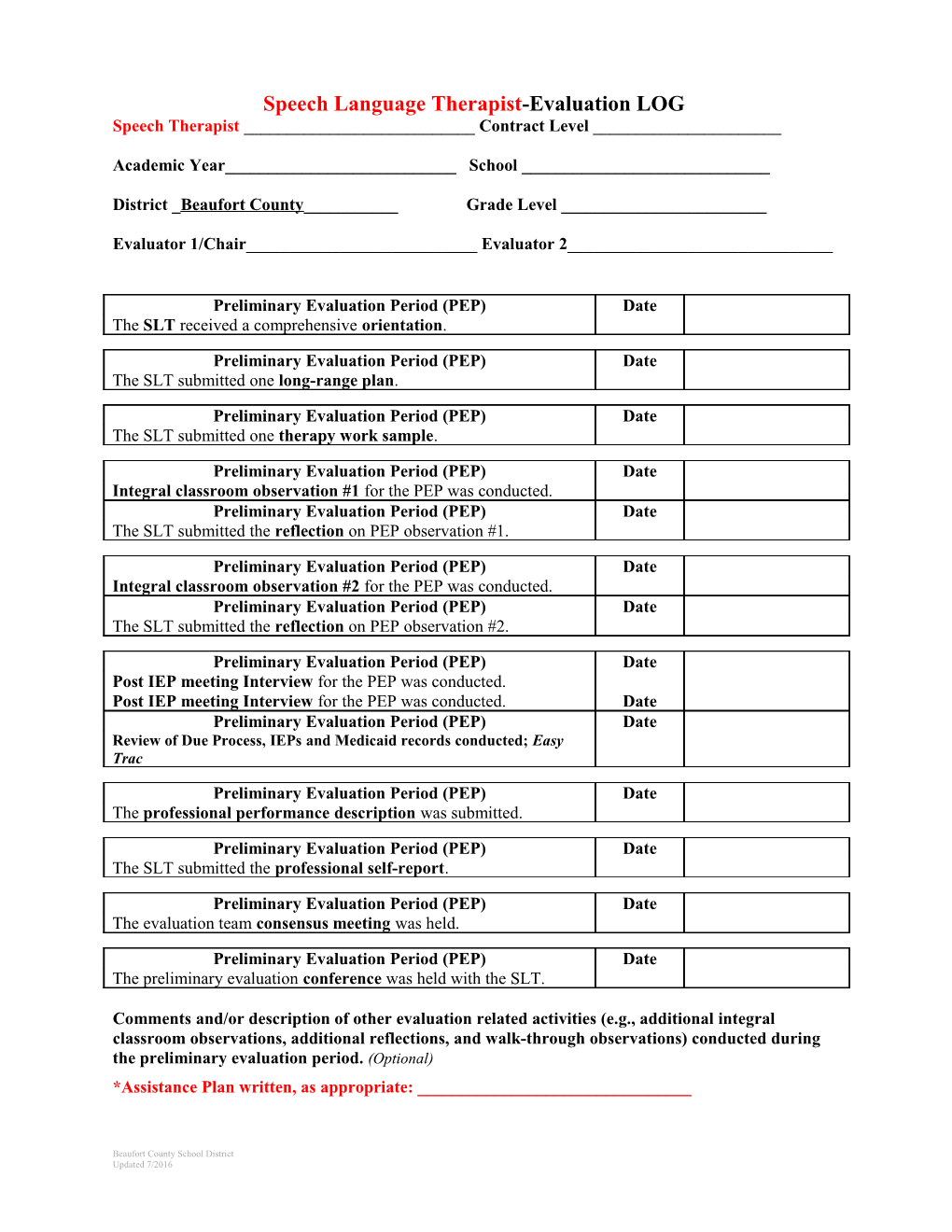 Speech Language Therapist-Evaluation LOG