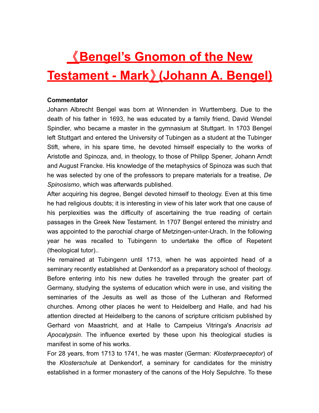 Bengel S Gnomon of the New Testament - Mark (Johann A. Bengel)