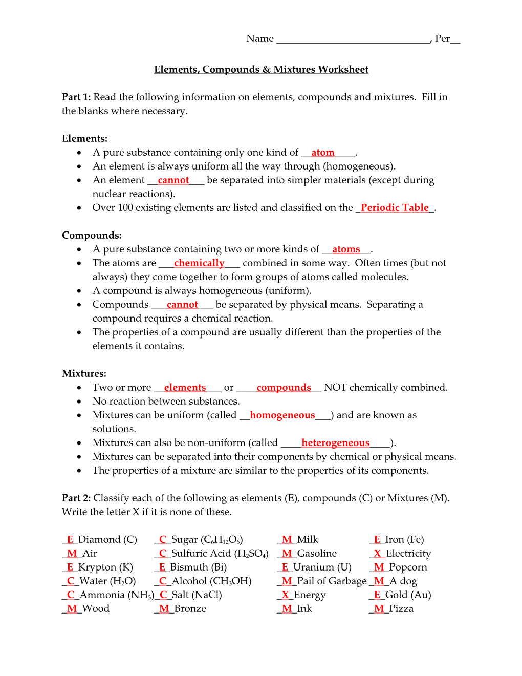 Elements, Compounds & Mixtures Worksheet s1