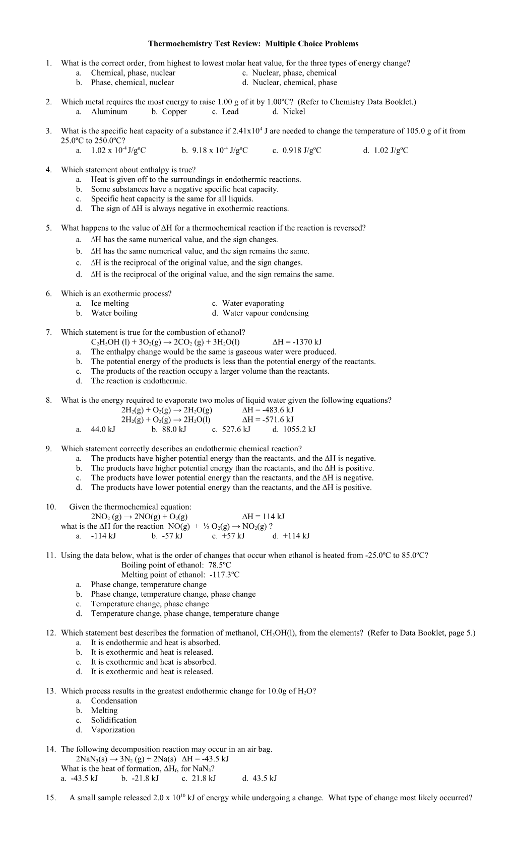Thermochemistry Test Review: Multiple Choice Problems