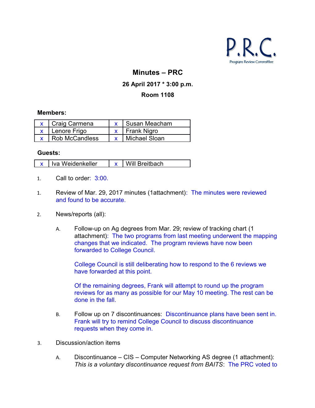 2. Review of Mar. 29, 2017 Minutes (1Attachment): the Minutes Were Reviewed and Found To