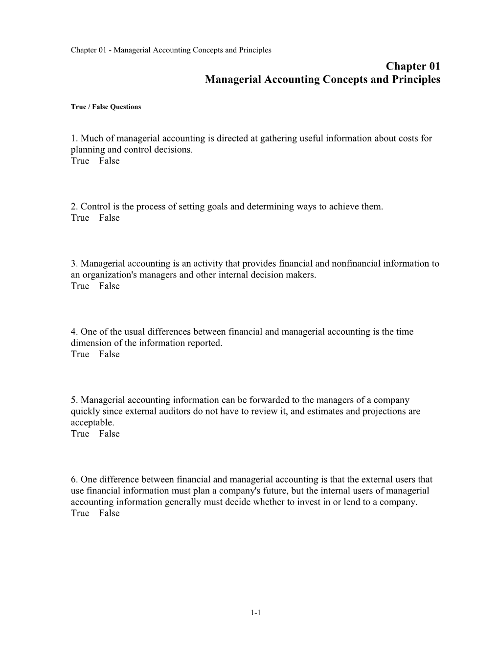 Chapter 01 Managerial Accounting Concepts and Principles