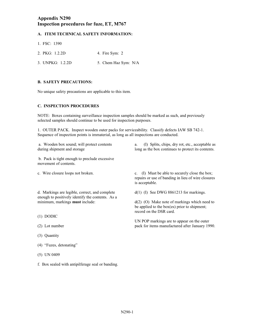 Inspection Procedures for Fuze, ET, M767