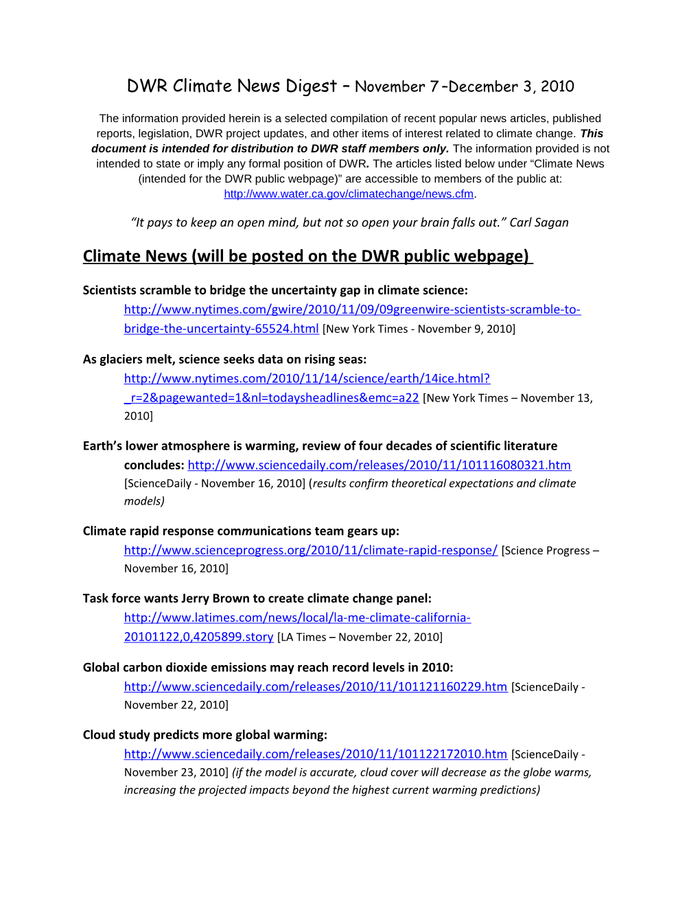 Climate News (Will Be Postedon the DWR Public Webpage)