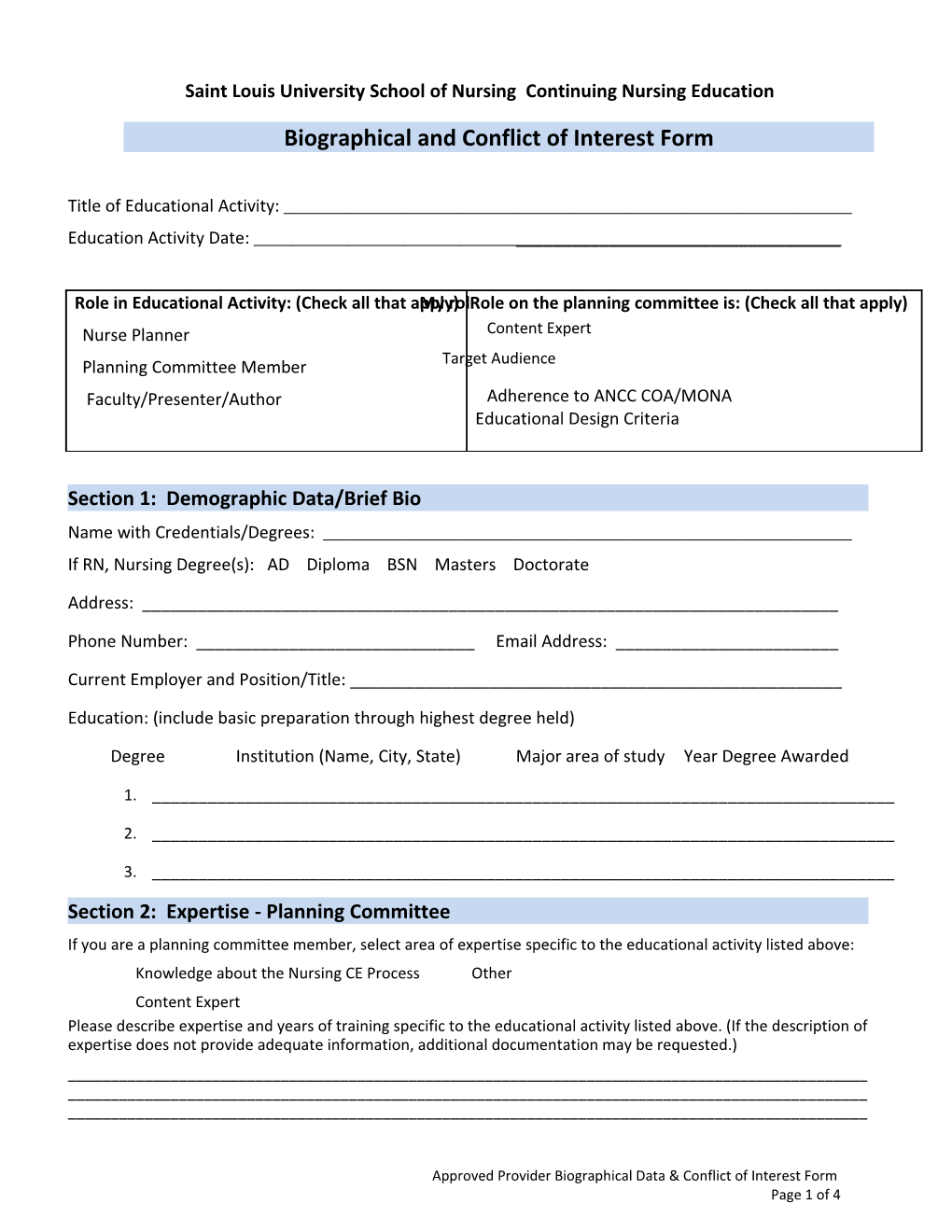 Biographical and Conflict of Interest Form