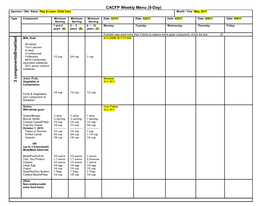 Ohio CACFP Weekly Menu for Children s1