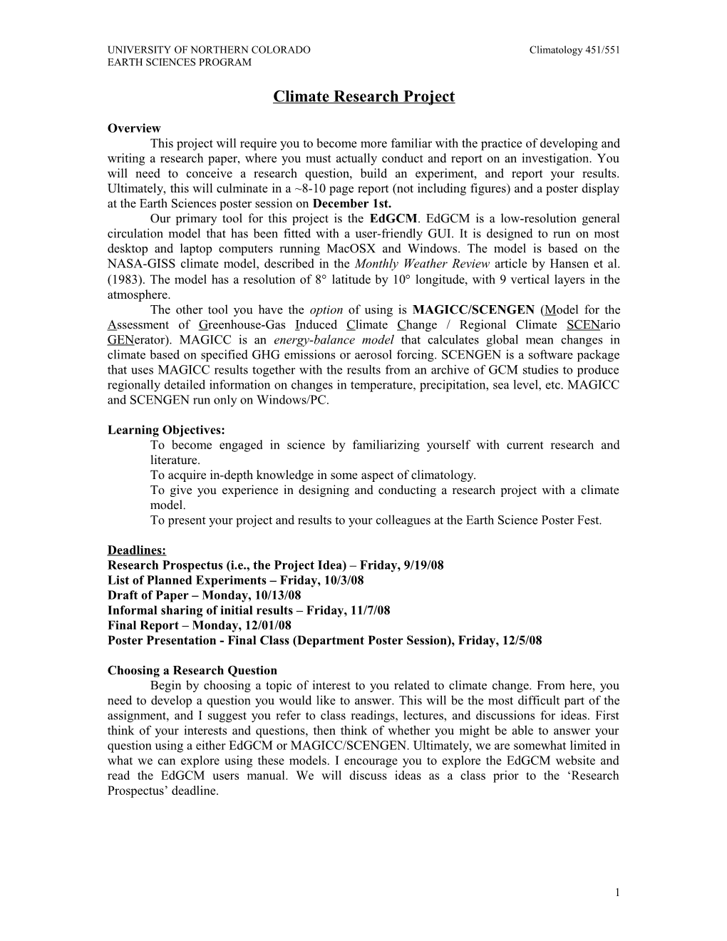 UNIVERSITY of NORTHERN COLORADO Climatology 451/551