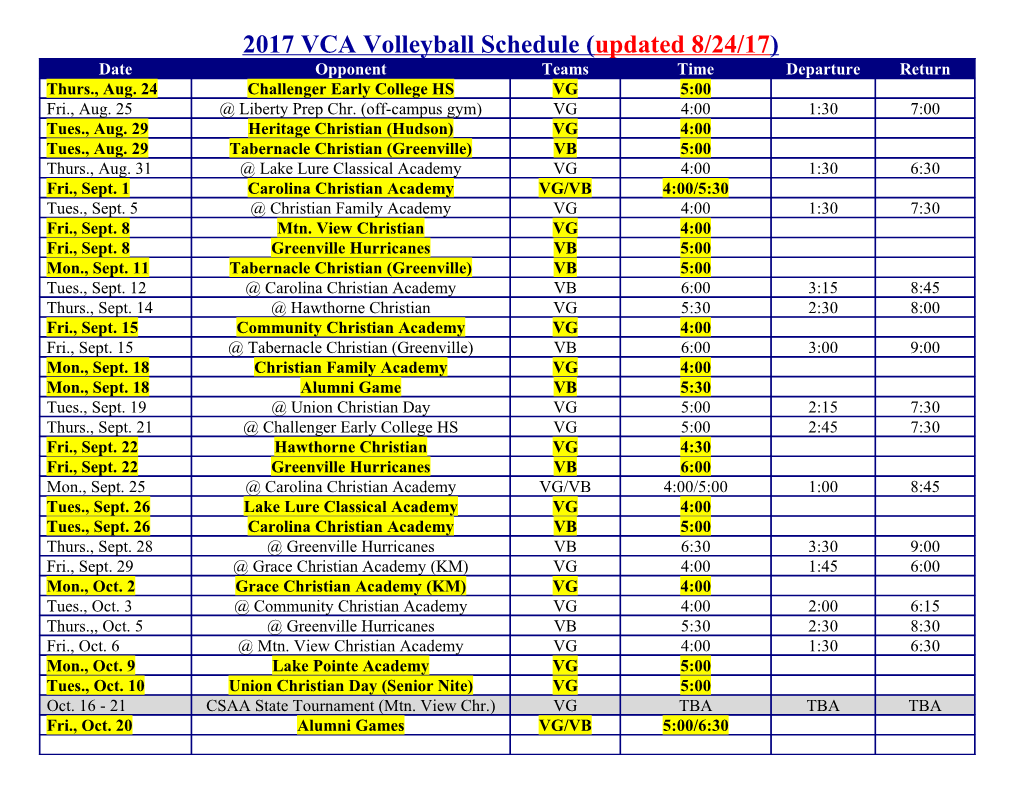 2005-2006 VCA Volleyball Schedule