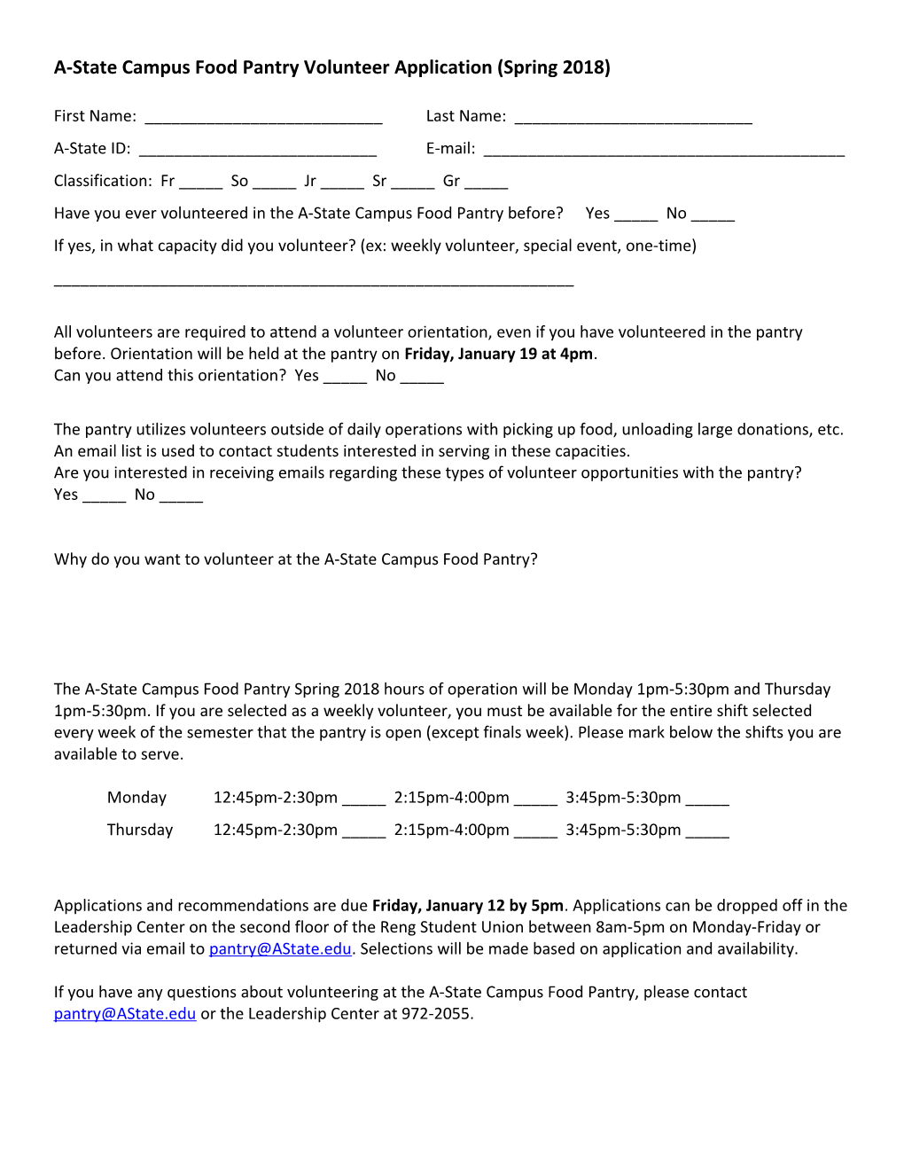 A-State Campus Food Pantry Volunteer Application (Spring 2018)