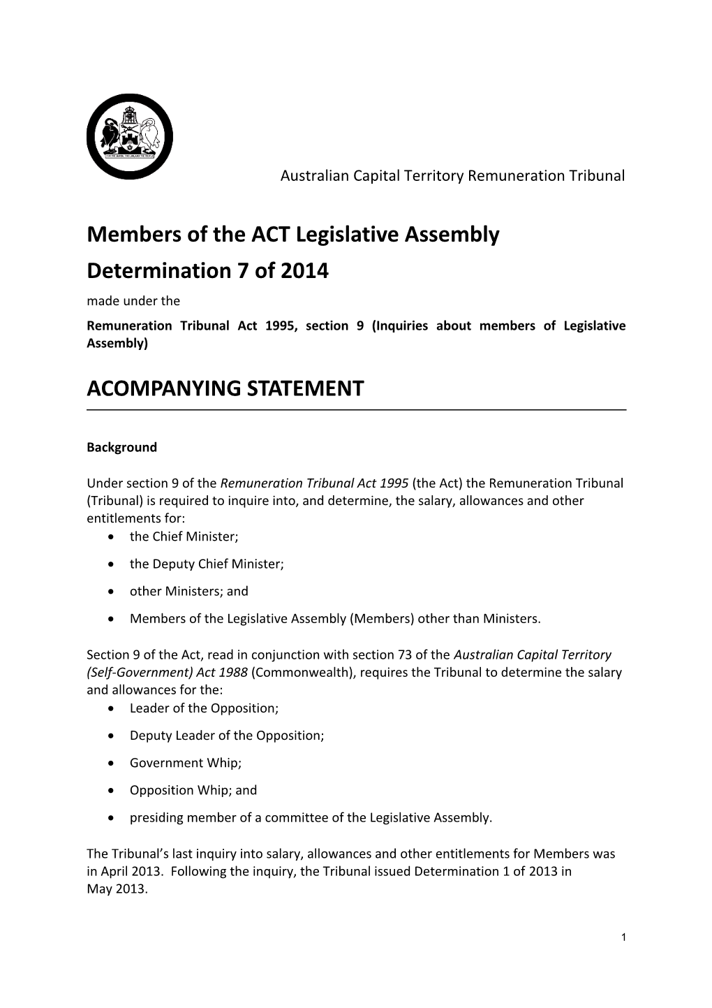 Dtermination 7 of 2014 - Members of the ACT Legislative Assembly