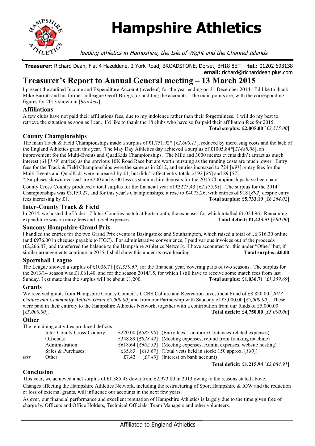 Treasurer S Report to Annual General Meeting 13 March 2015