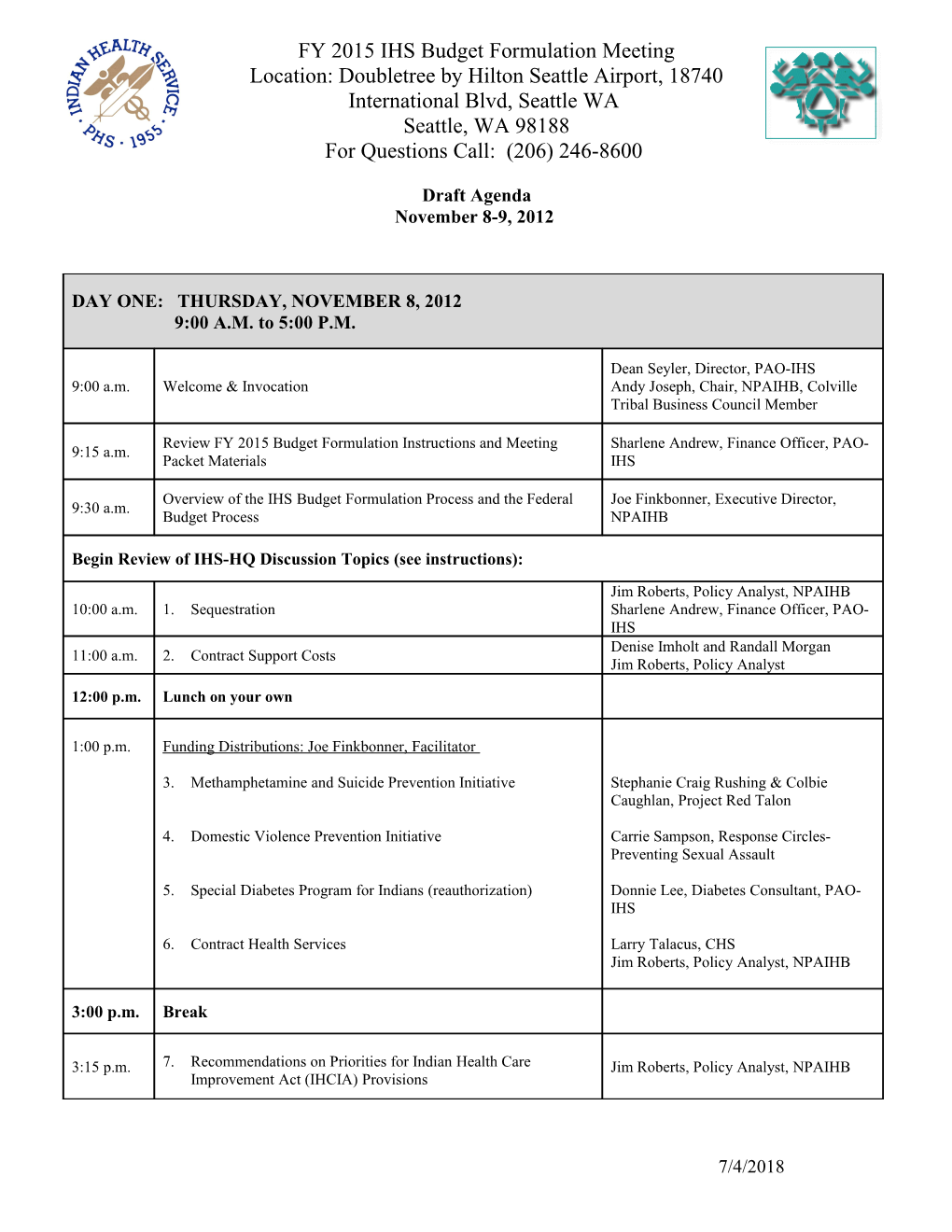 FY 2008 IHS Budget Formulation Agenda