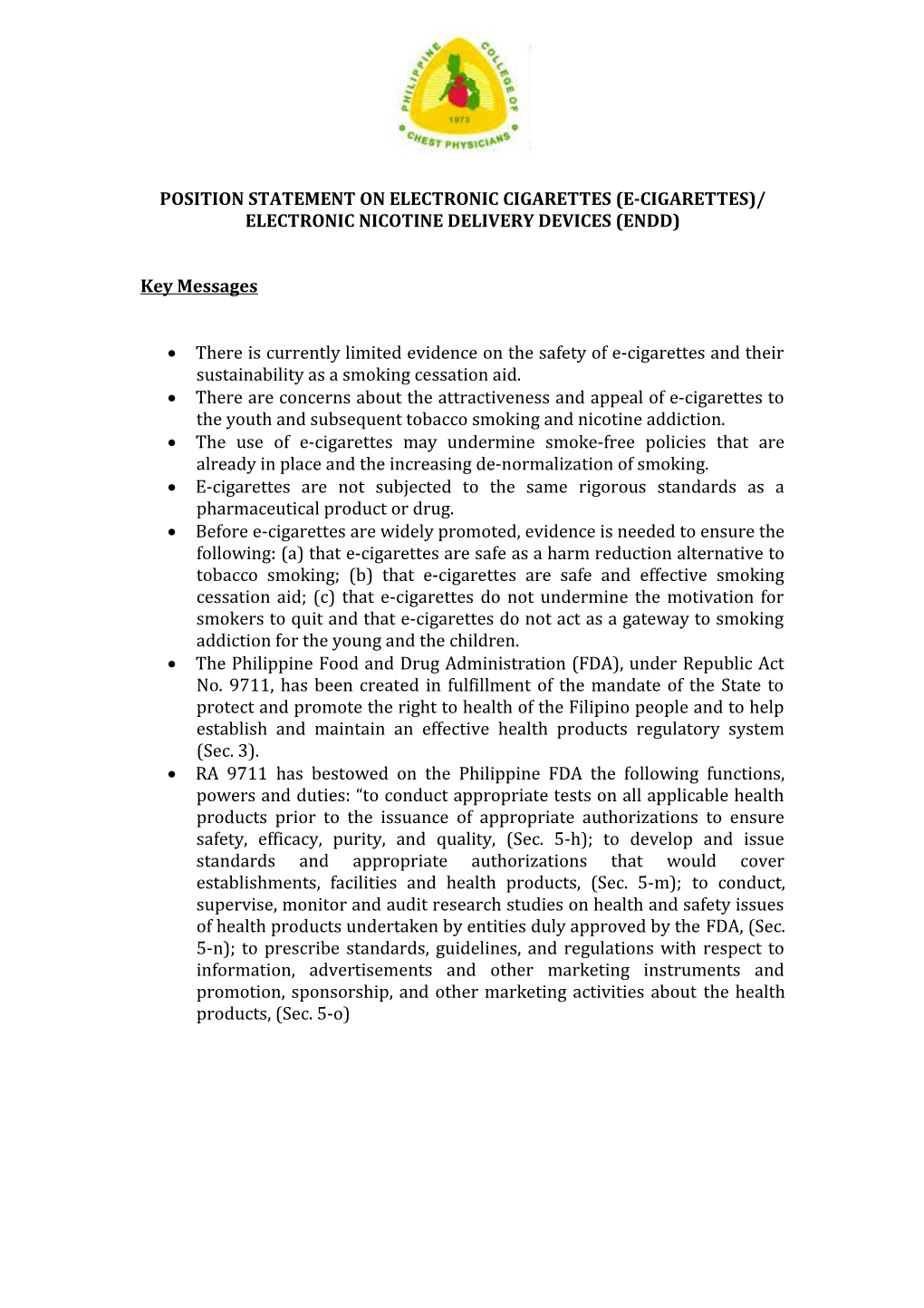 Position Statement on Electronic Cigarettes (E-Cigarettes)