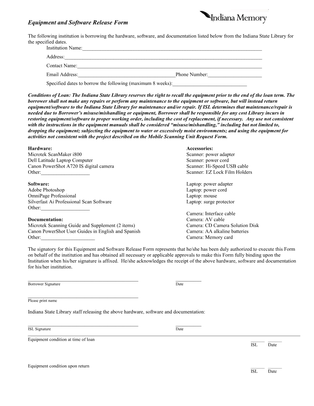 Equipment and Software Release Form