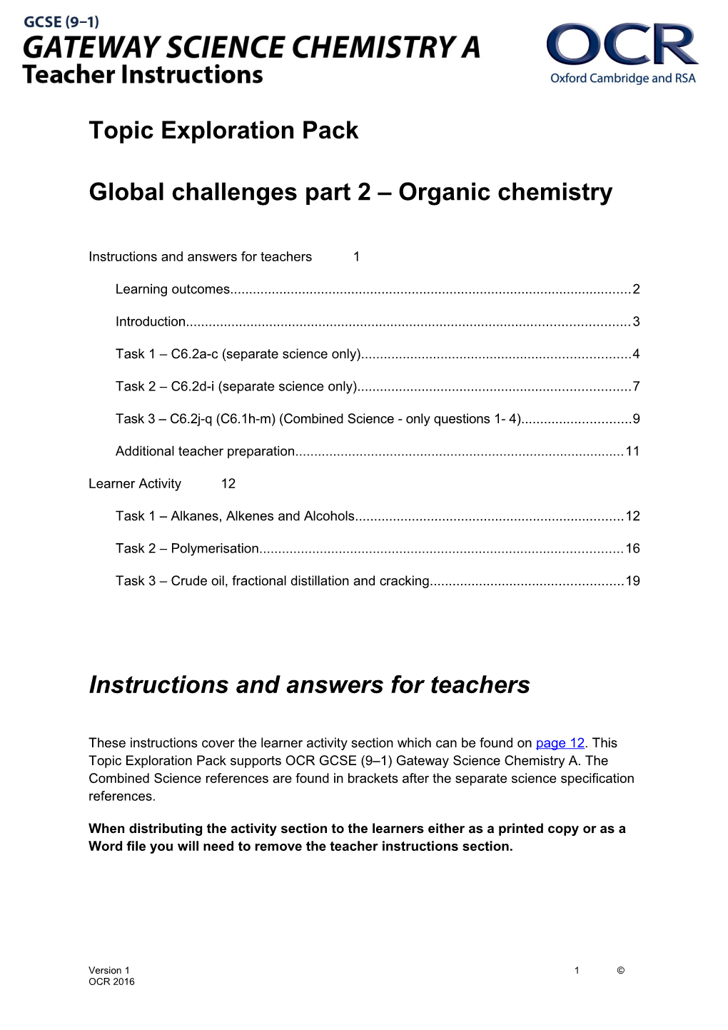 OCR GCSE (9-1) Gateway Science Chemistry a Topic Exploration Pack (Global Challenges - Part 2)