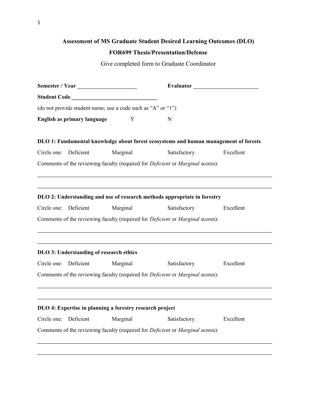 Assessment of MS Graduate Student Desired Learning Outcomes (DLO)