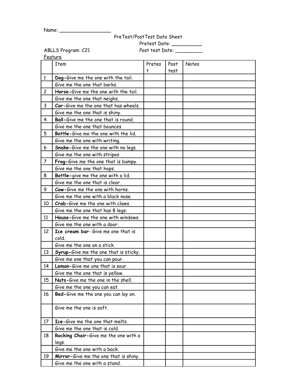 Pretest/Posttest Data Sheet