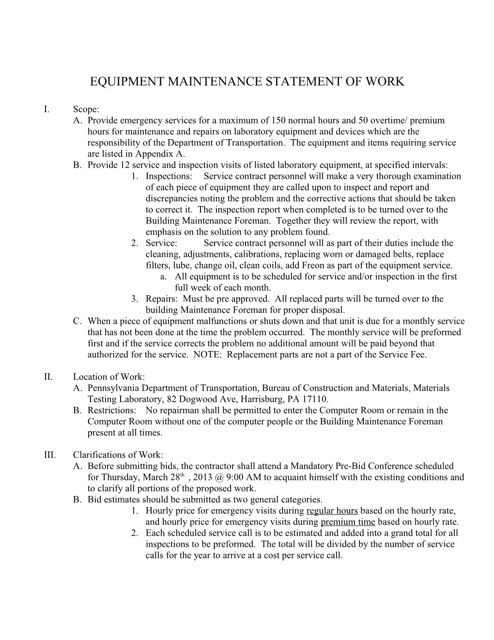 Equipment Maintenance Statement of Work