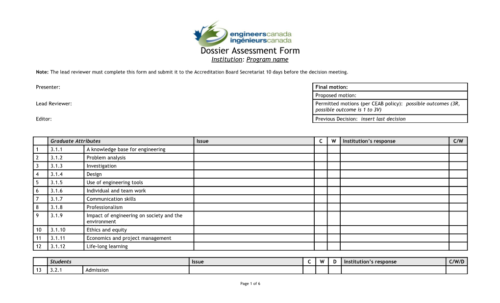 Dossier Assessment Form