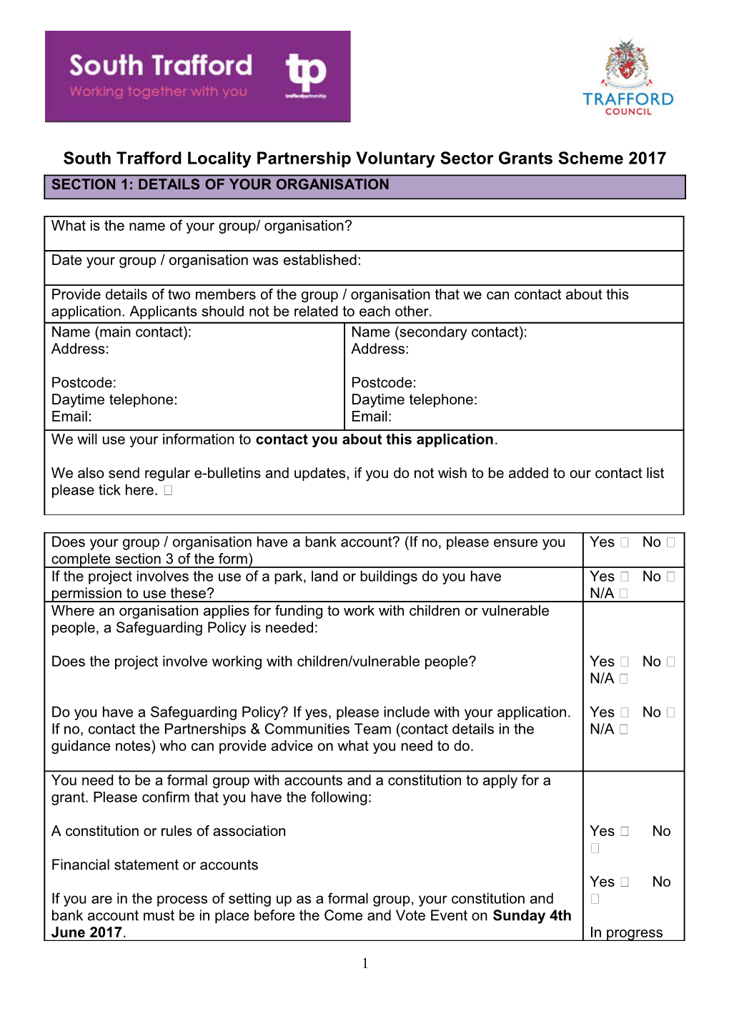 South Traffordlocality Partnership Voluntary Sector Grants Scheme 2017