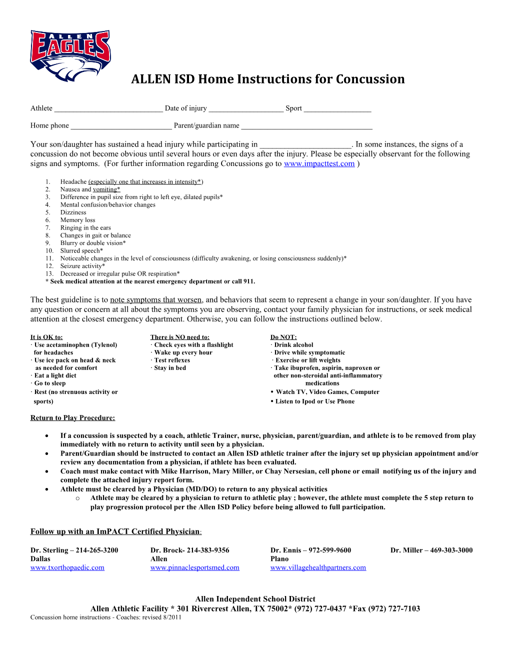 ALLEN ISD Home Instructions for Concussion